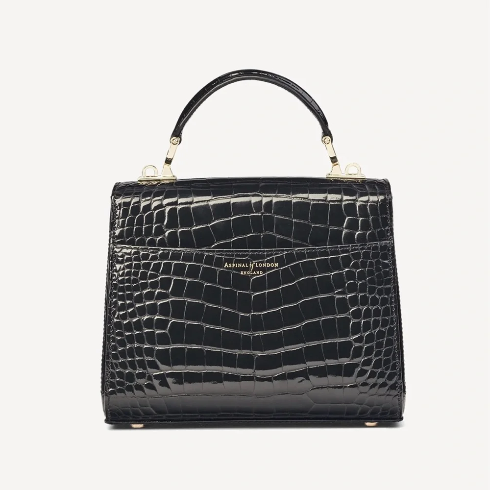 Aspinal of London Midi Mayfair Black Patent Croc Top Handle Crossbody Chain Bag